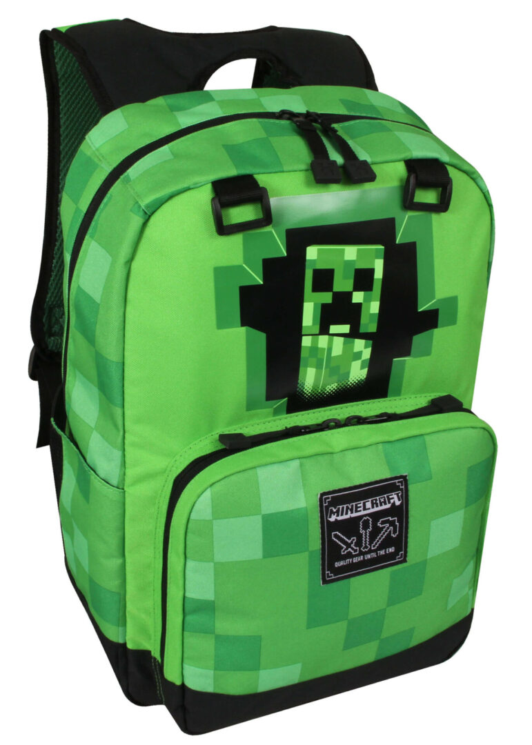 A green backpack with a minecraft logo on it.
