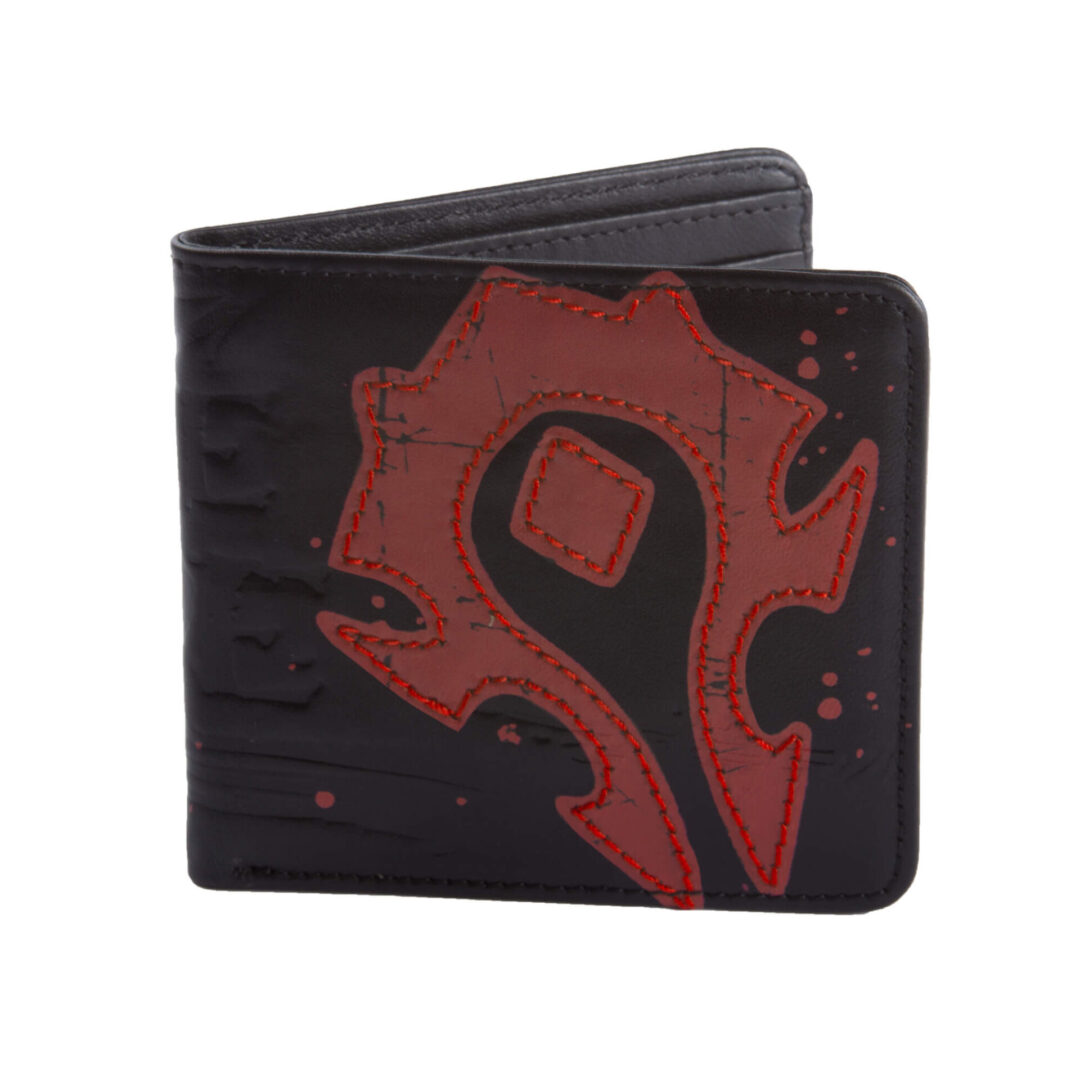 The world of warcraft logo on a black leather wallet.