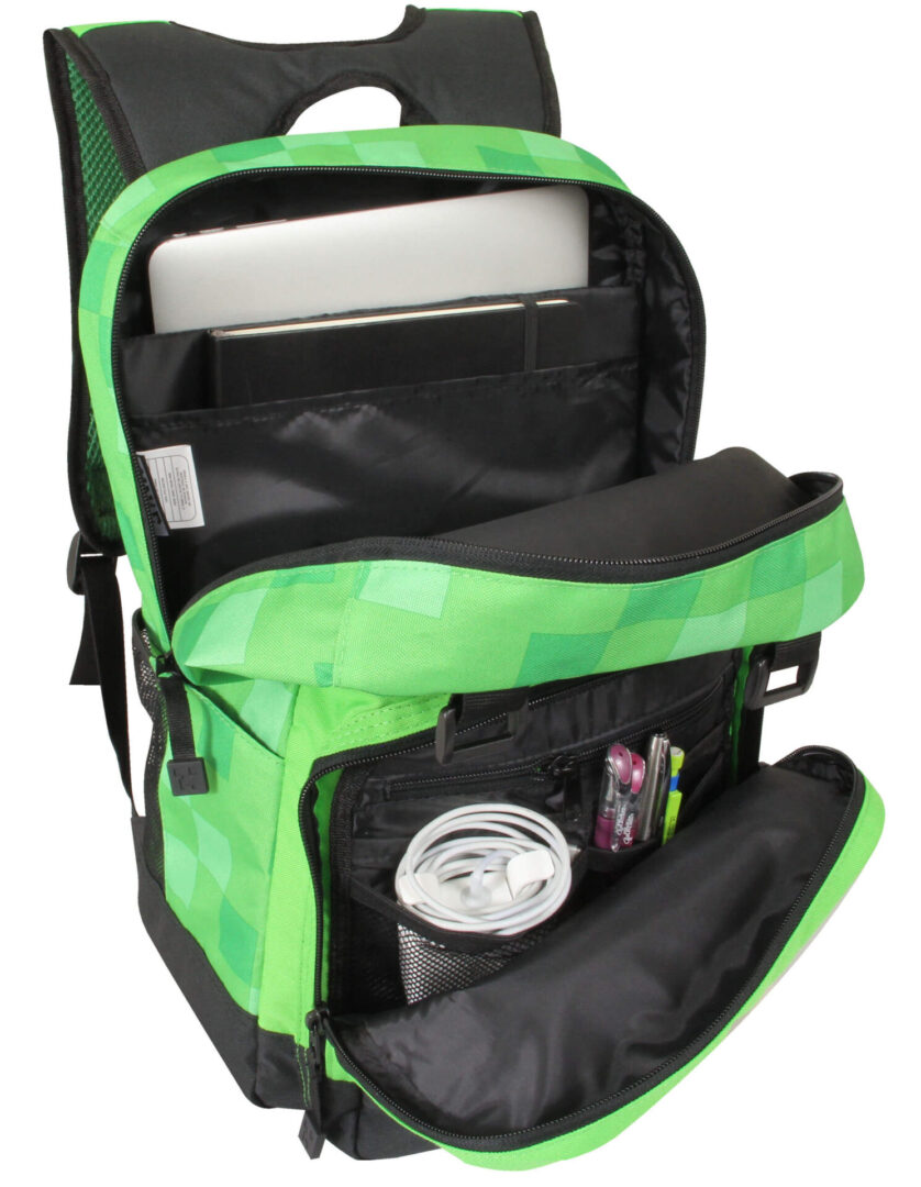 A green backpack with a laptop inside.