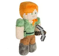 A minecraft plush toy with an orange hair and a gun.