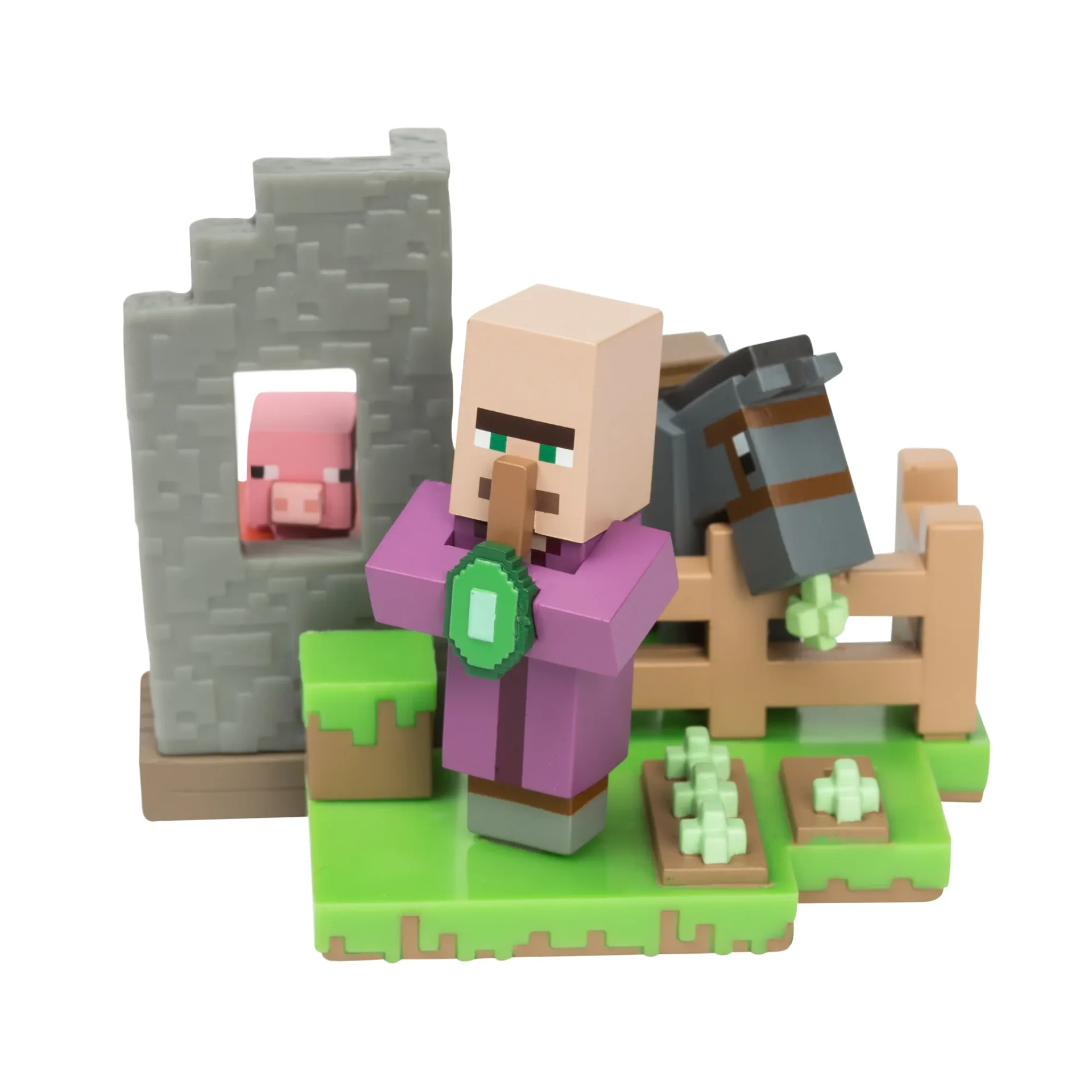 A minecraft toy with a pig in front of it.