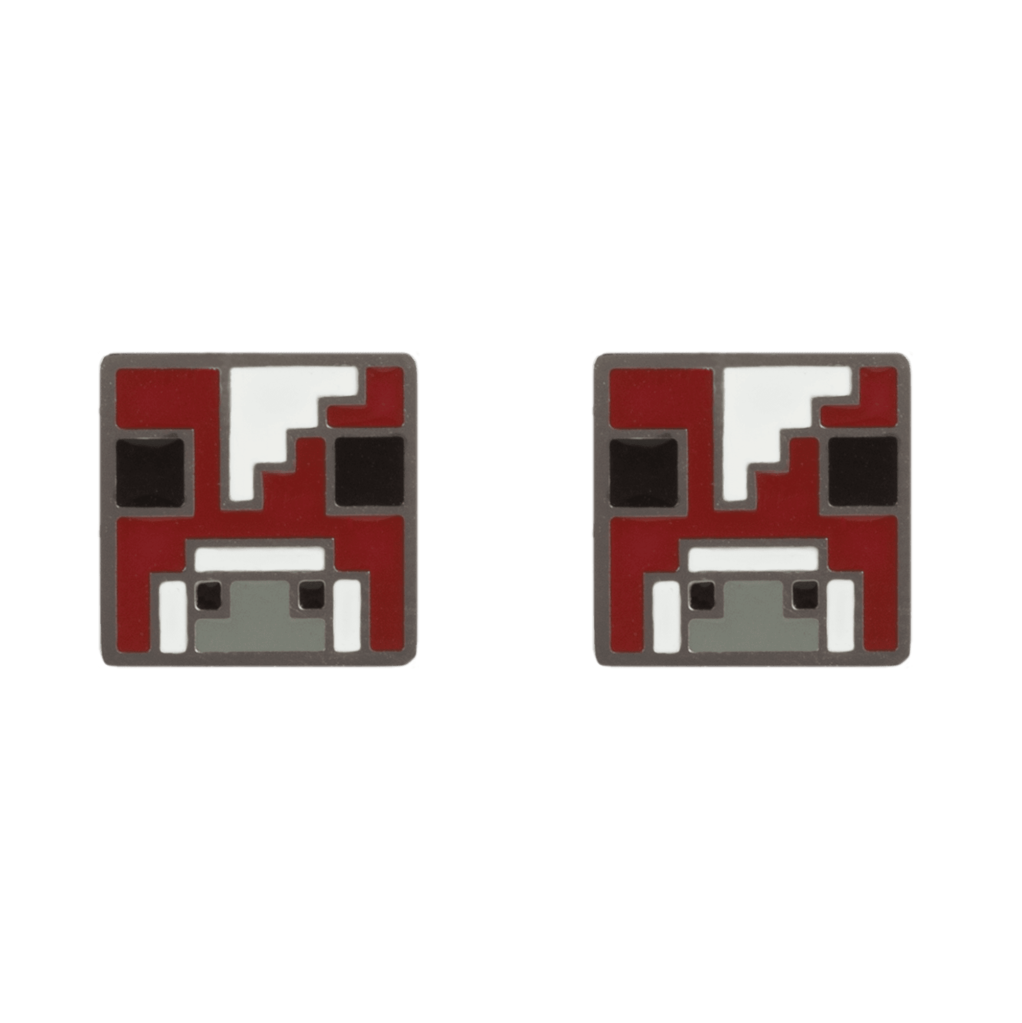 A pair of red and white pixelated cufflinks.