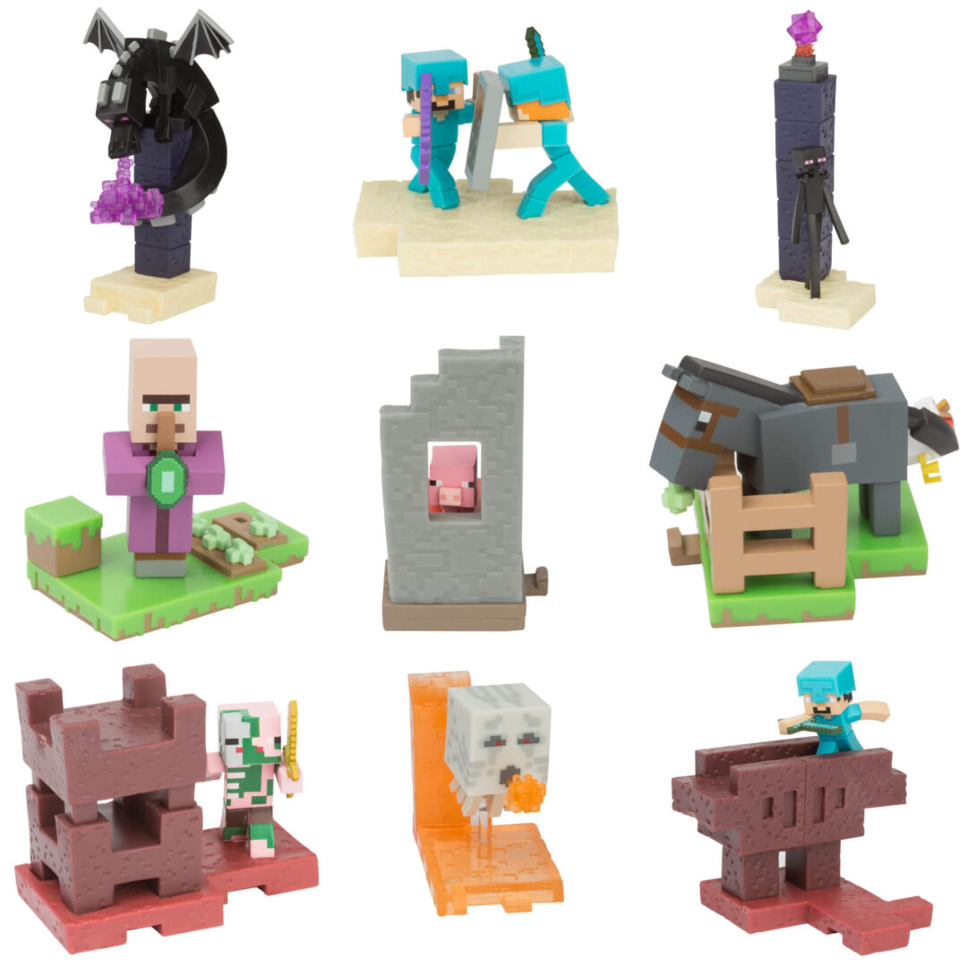 A group of minecraft figurines on a white background.